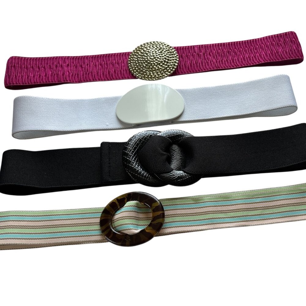 Lot of 4 Women's Belts Stretchy Elastic Hot Pink Black White and Stripe